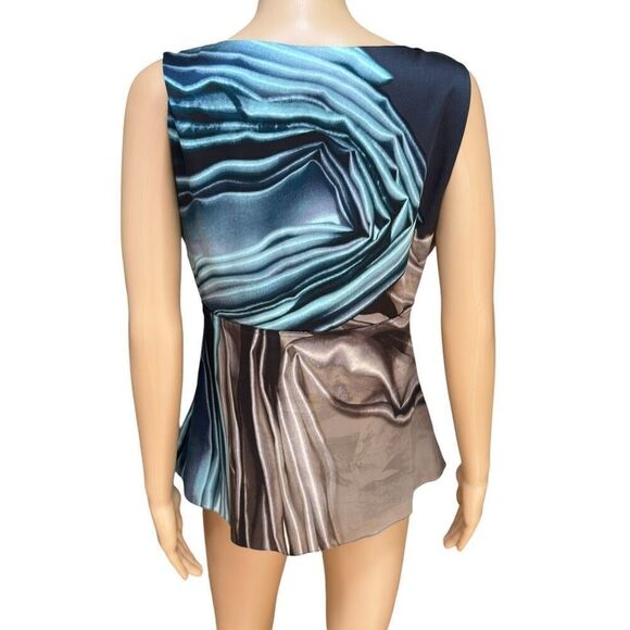 Elie Tahari Blouse Silk Sleeveless Blue Black Swirl Satin Abstract Top size M - Picture 3 of 8